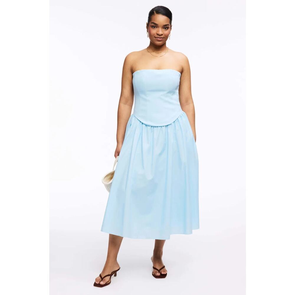 Toccin Corset Dress Cotton Blend Strapless Midi A-Line Cocktail Party Blue 16